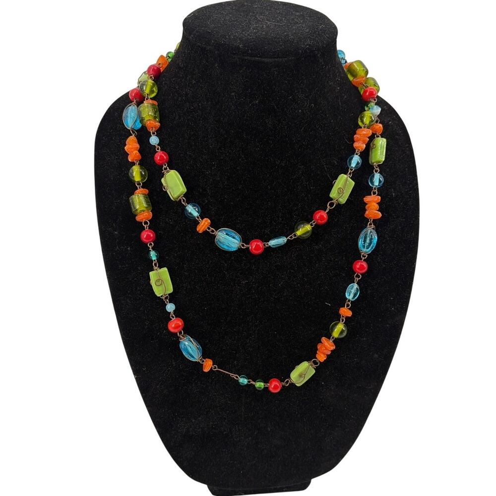 Vtg Lampwork Glass Bead Necklace Artisan Colorful Boho Long Y2K Indie Festival